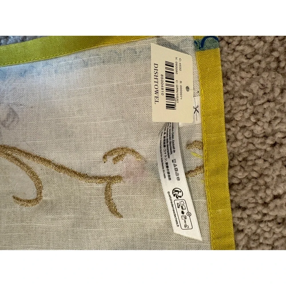 Anthropologie Bee Floral Dish Towel Green White Gold Embroidery New 28x21